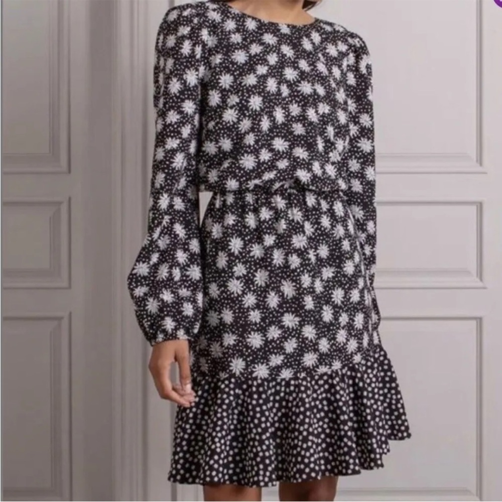 Senlis Black White long Sleeve Floral Print Ruffle Hem V-Back Dress EUC Size XS